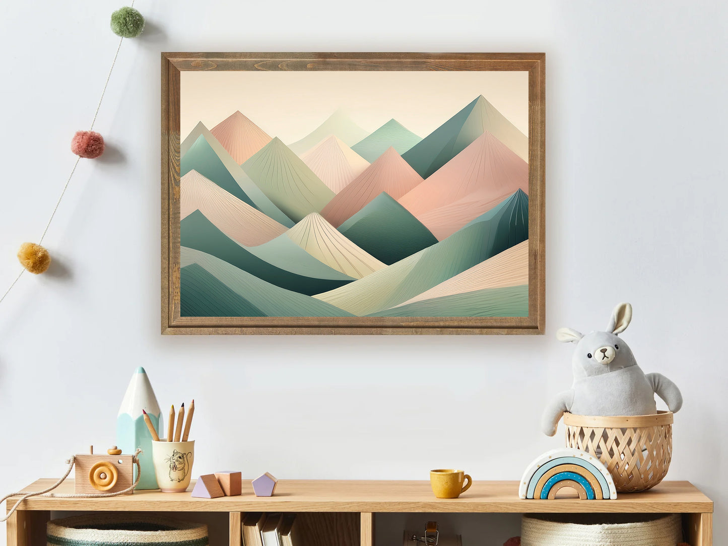 Abstract geometric mountains in pastel earth tones nursery wall art