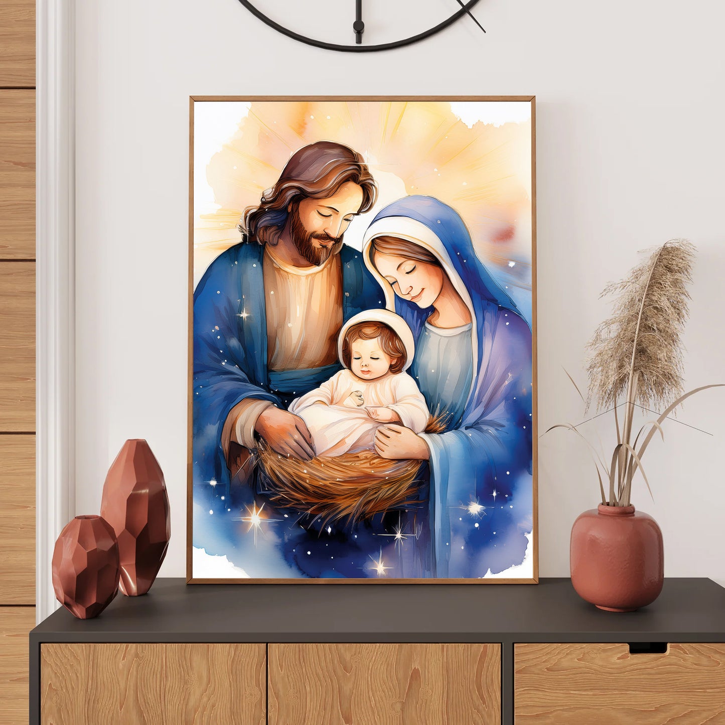 Watercolor nativity with Mary, Joseph, and baby Jesus under star