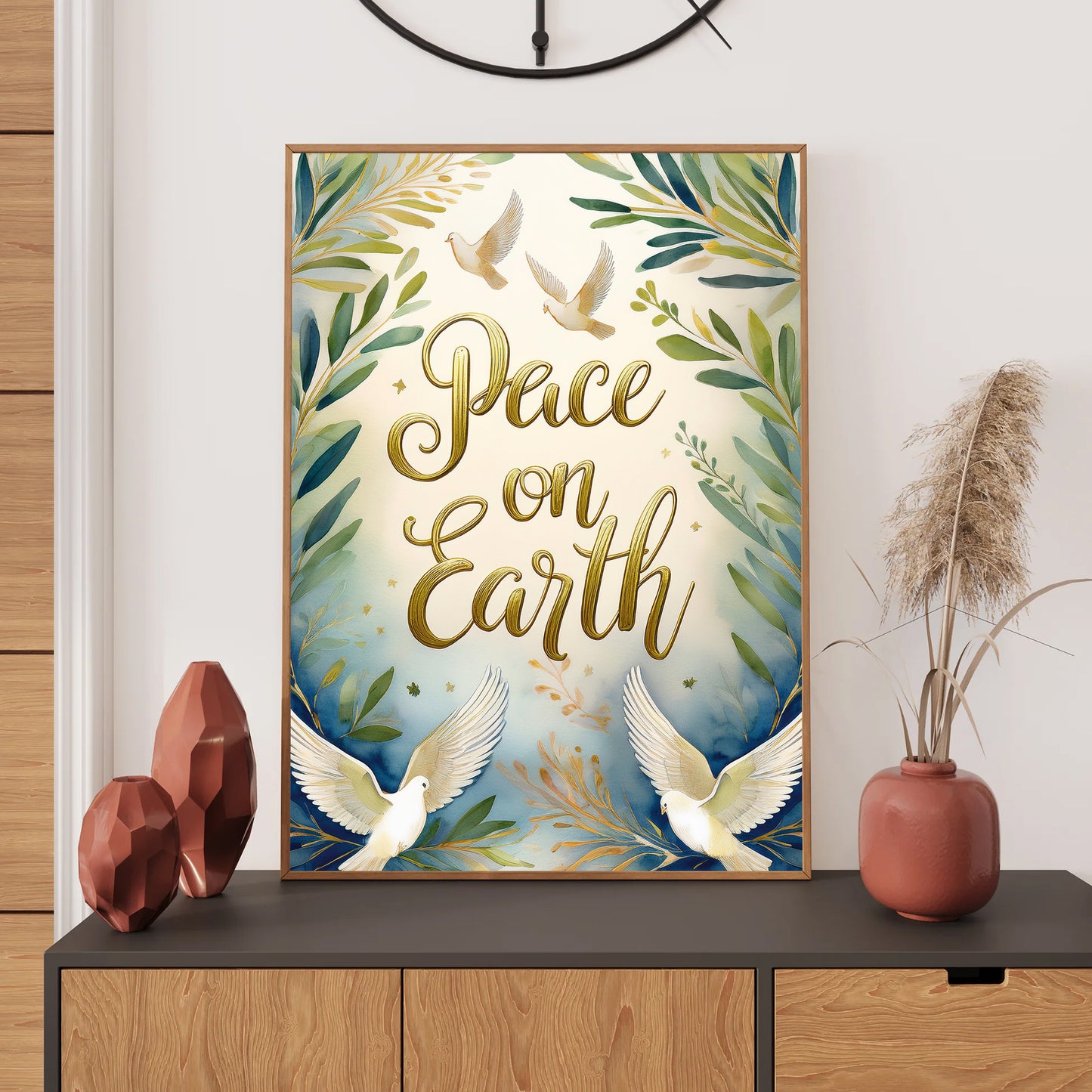 Peace on Earth gold lettering with watercolor doves and olive branches