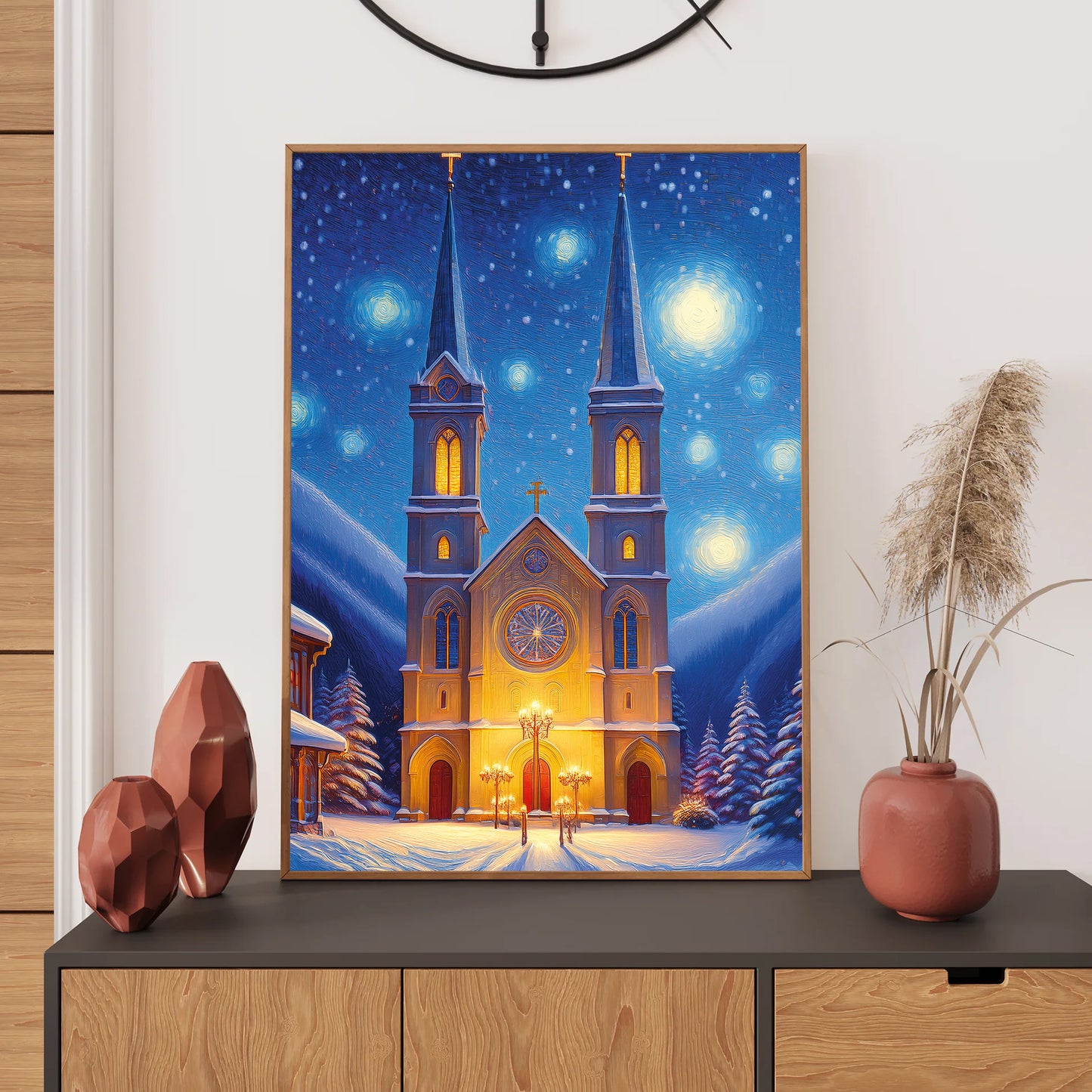 Oil painting of snowy church with glowing stained glass windows