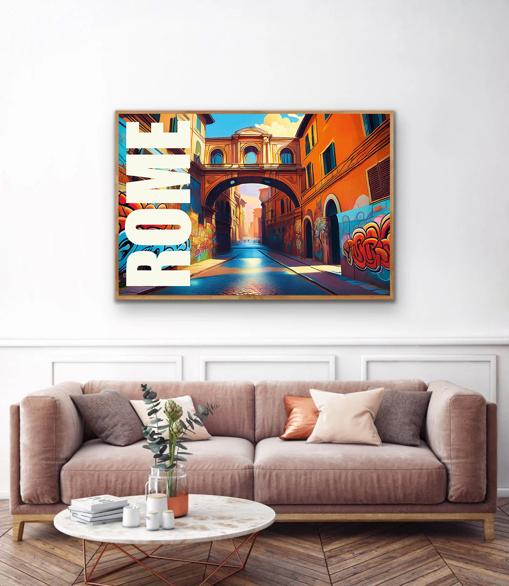 Rome graffiti wall art print digital download showcasing bold urban street art mural blending ancient history with modern street culture, perfect for contemporary home decor, graffiti art fans, and modern wall art collectors.