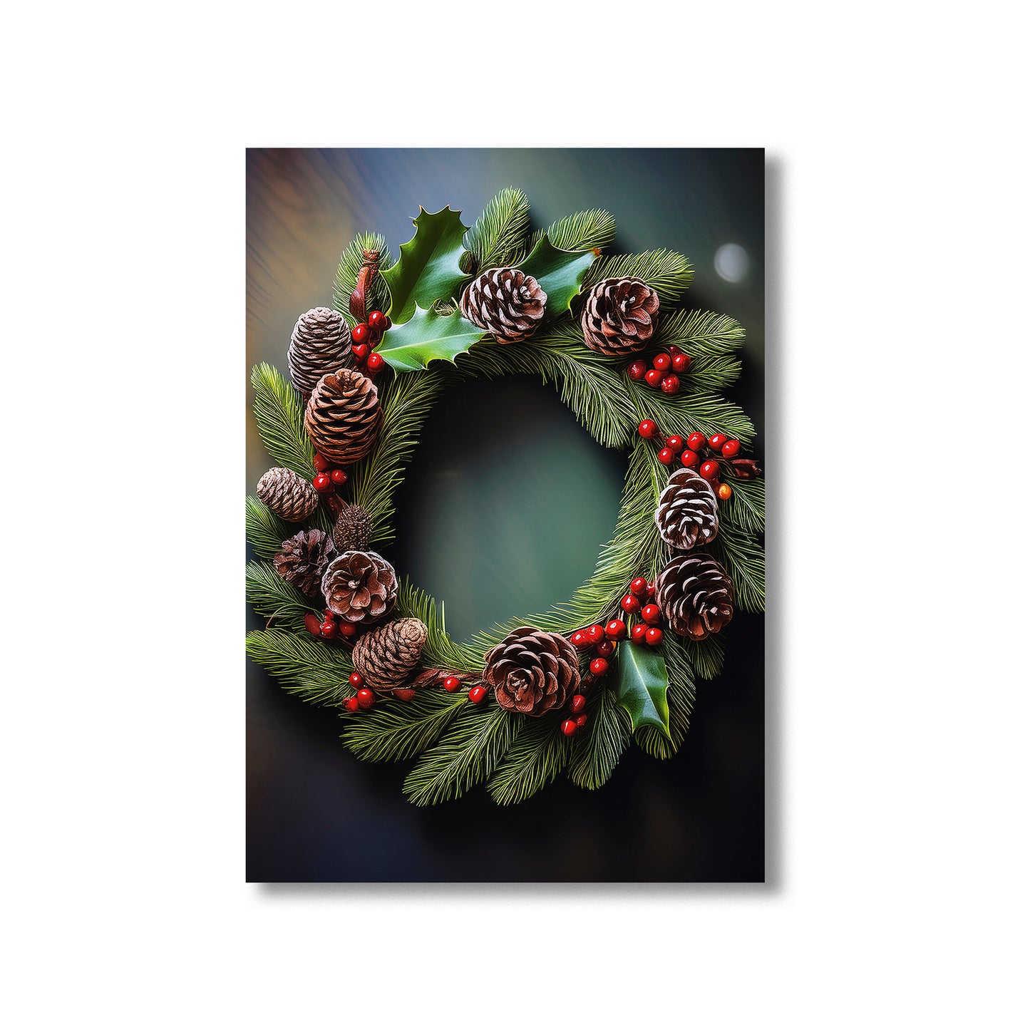 Elegant Christmas Wreath Card – detailed pinecone and greenery wreath in festive holiday style