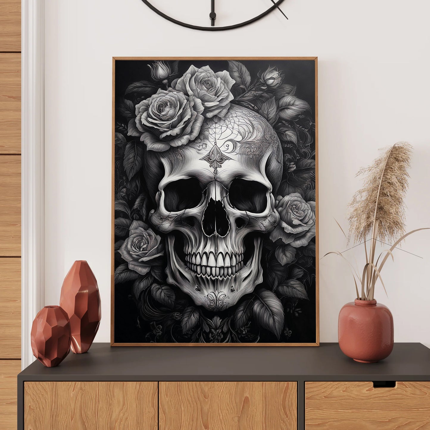 Skull with roses wall art print featuring a detailed skull surrounded by blooming roses, perfect for gothic and floral home decor digital download