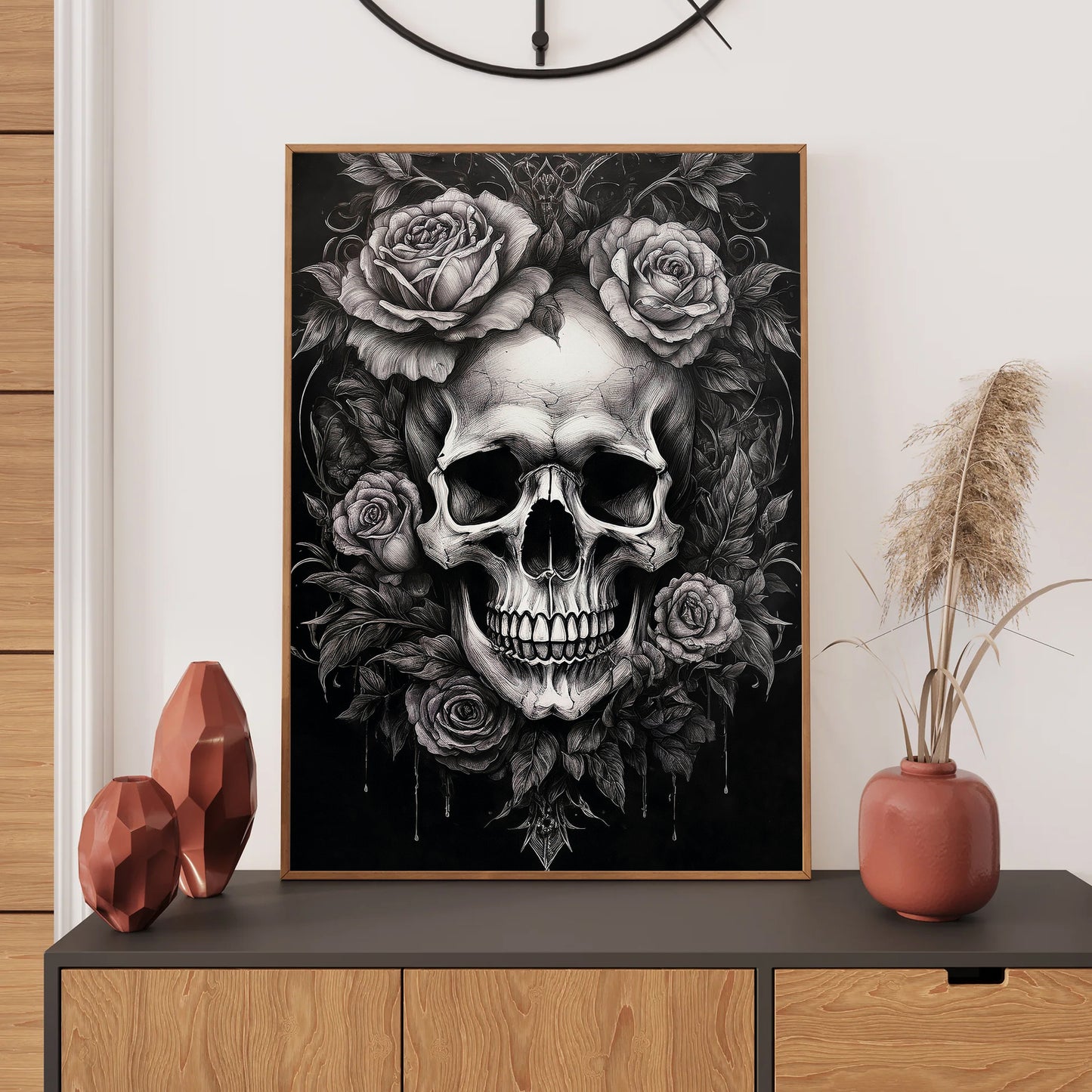 Skull with roses wall art print featuring a detailed skull surrounded by blooming roses, perfect for gothic and floral home decor digital download