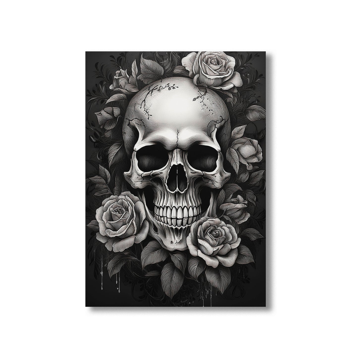 Skull with roses wall art print featuring a detailed skull surrounded by blooming roses, perfect for gothic and floral home decor digital download
