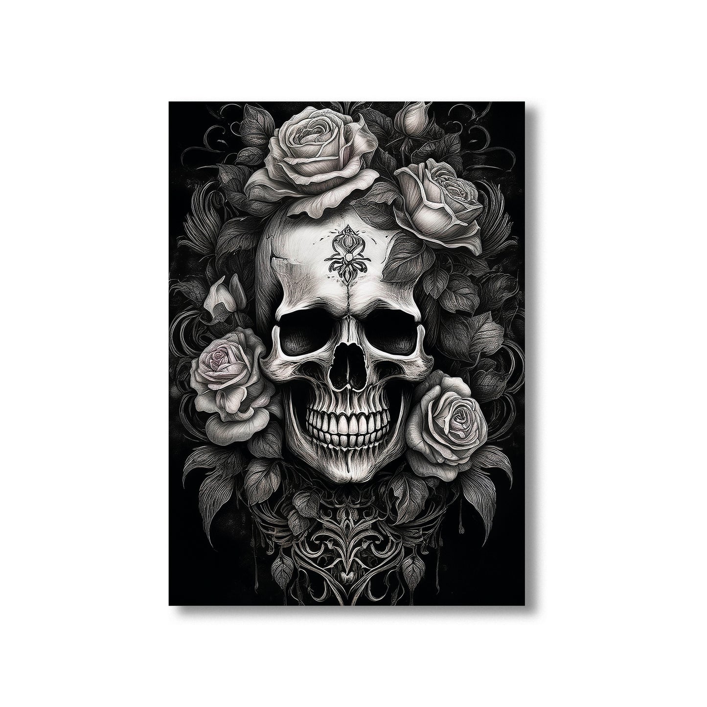 Skull with roses wall art print featuring a detailed skull surrounded by blooming roses, perfect for gothic and floral home decor digital download