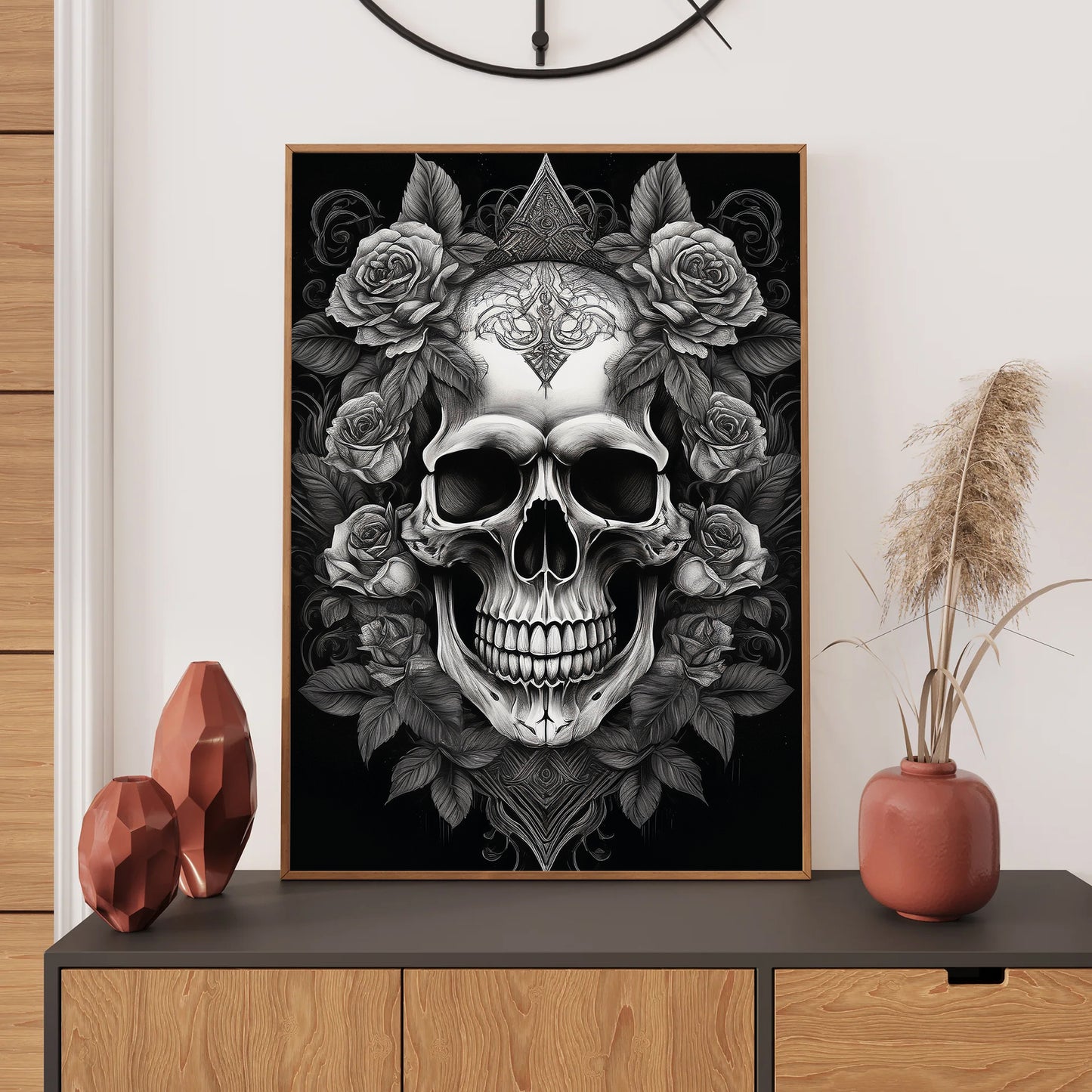 Skull with roses wall art print featuring a detailed skull surrounded by blooming roses, perfect for gothic and floral home decor digital download