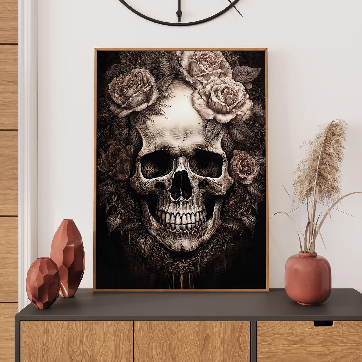 Skull with roses wall art print featuring a detailed skull surrounded by blooming roses, perfect for gothic and floral home decor digital download