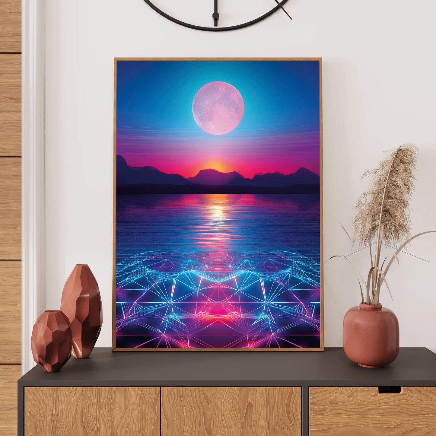 Neon full moon rising over a sunset horizon with mountains, glowing ocean reflections, and a futuristic geometric grid in synthwave colors.
