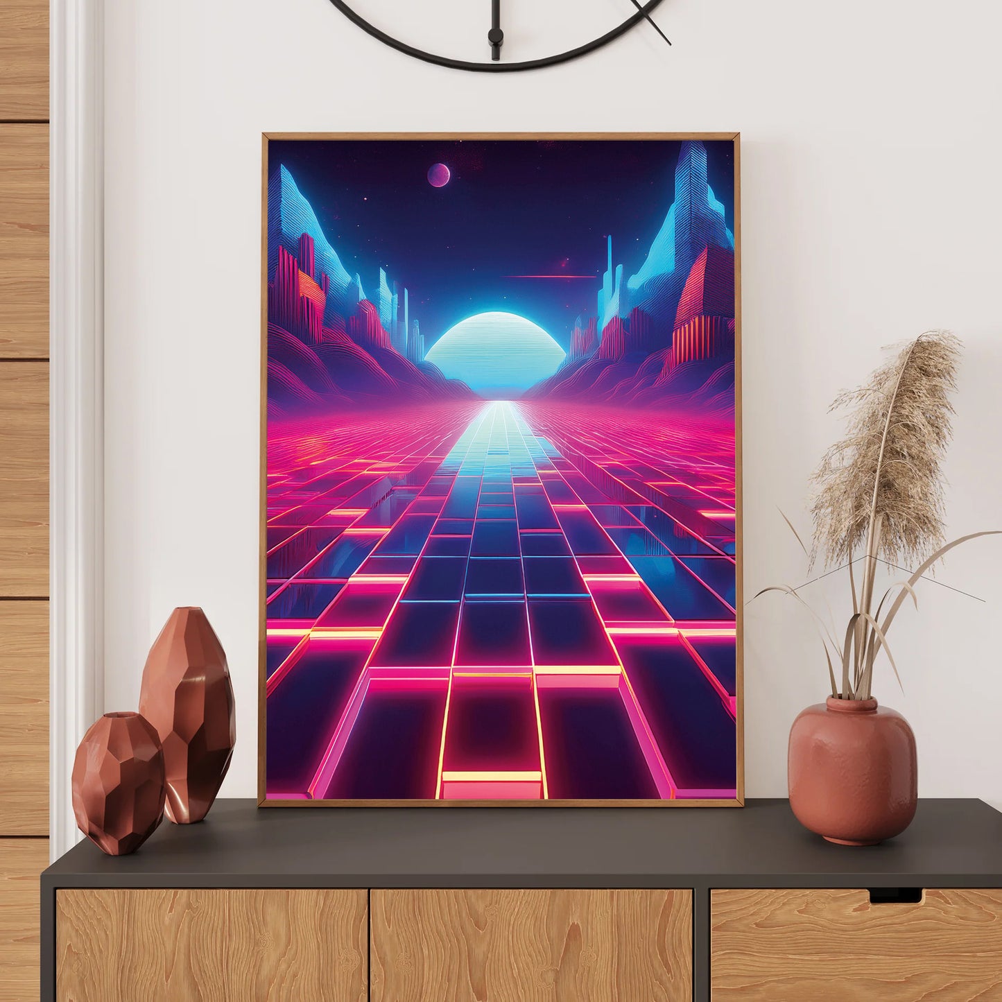 Retro-futuristic neon pathway across an ocean leading to a glowing pink full moon in a synthwave color palette.