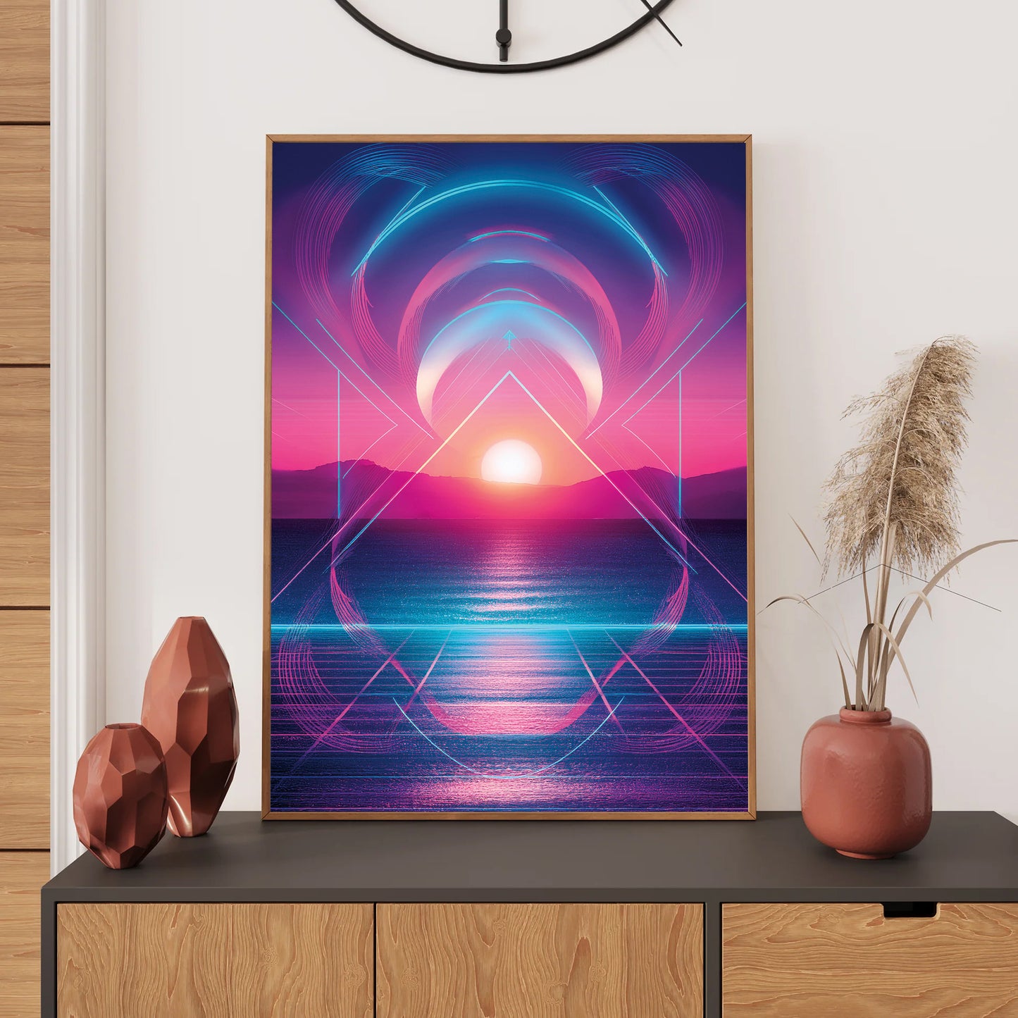"Vibrant neon sunset over an ocean horizon with retro-futuristic geometric shapes in pink, purple, and blue synthwave style."