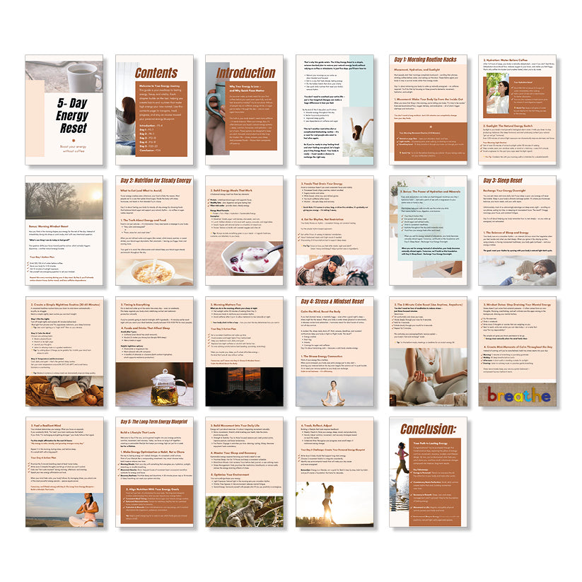 Grid of 23 pages from a book or manual with text and images on each page. The Ultimate Energy Blueprint ebook – guide to lasting energy, focus, and vitality