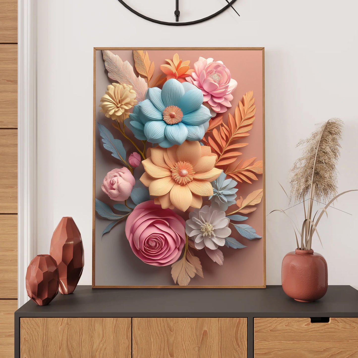Framed floral artwork on a wall with decorative vases below.