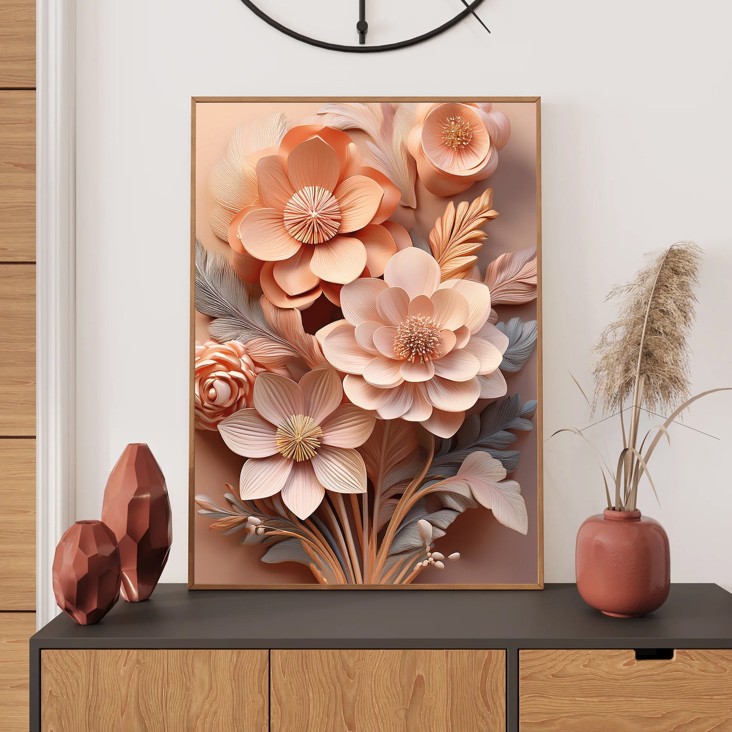 Decorative floral artwork on a wall with matching vases.