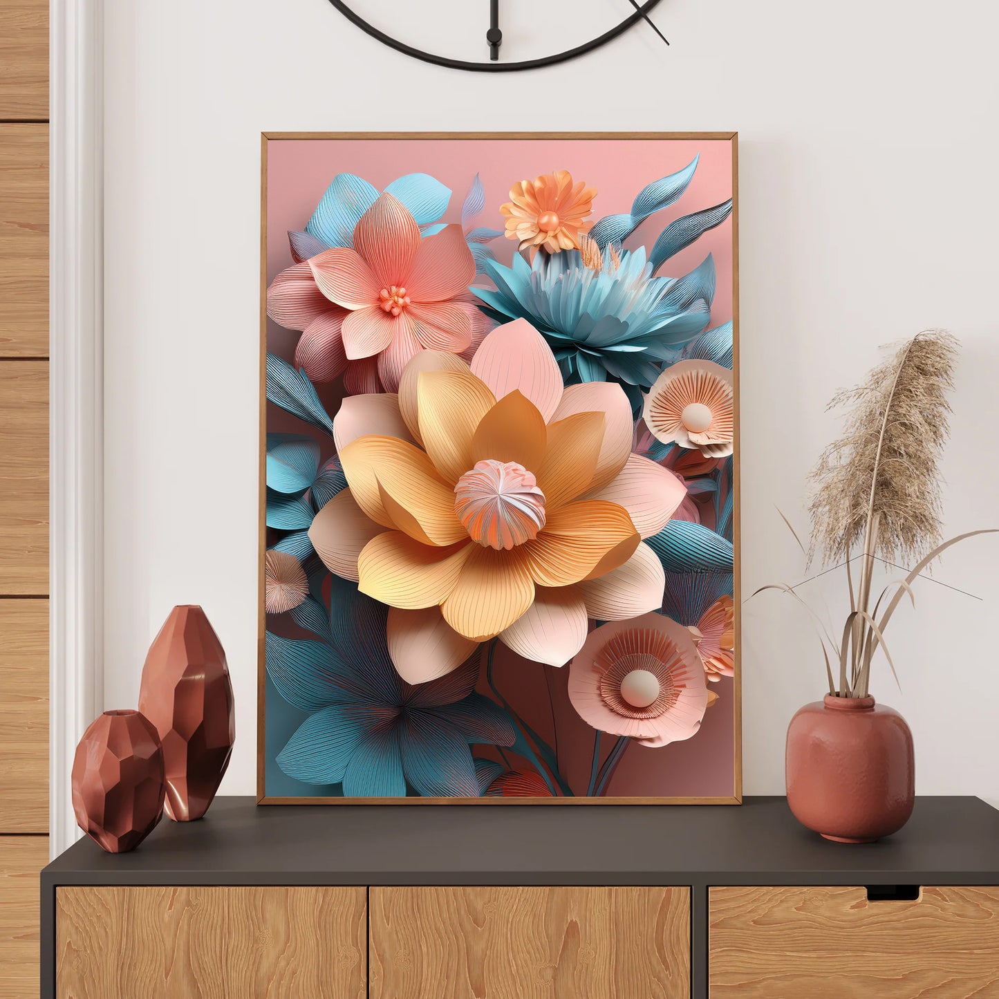 Framed floral artwork on a wall above a console table with decorative items.