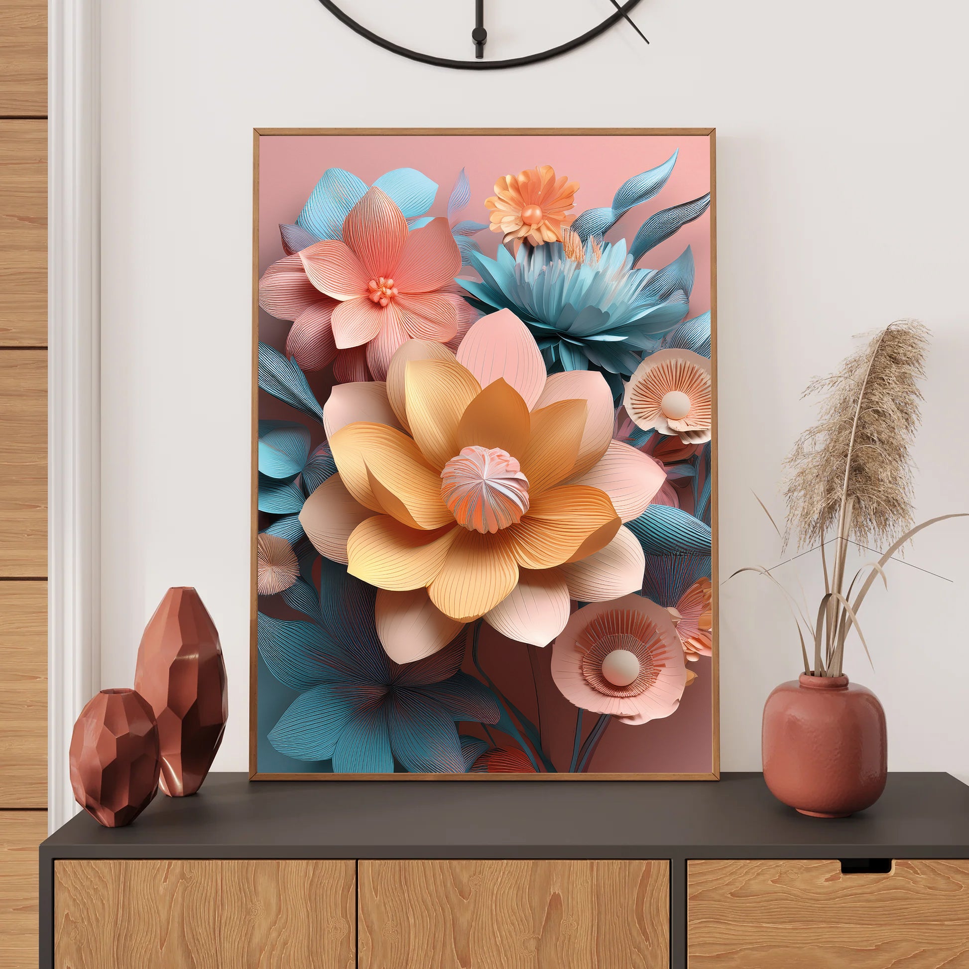 Framed floral artwork on a wall above a console table with decorative items.