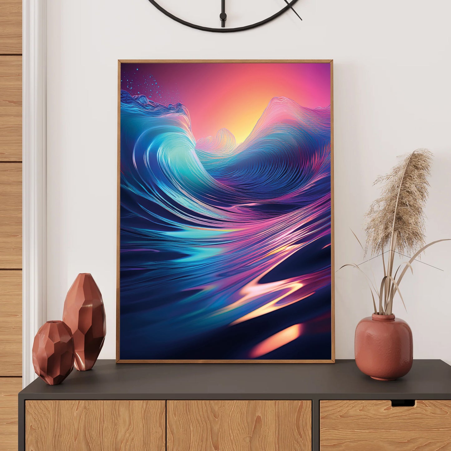 Colorful abstract art print on a wall above a wooden cabinet with decorative items.