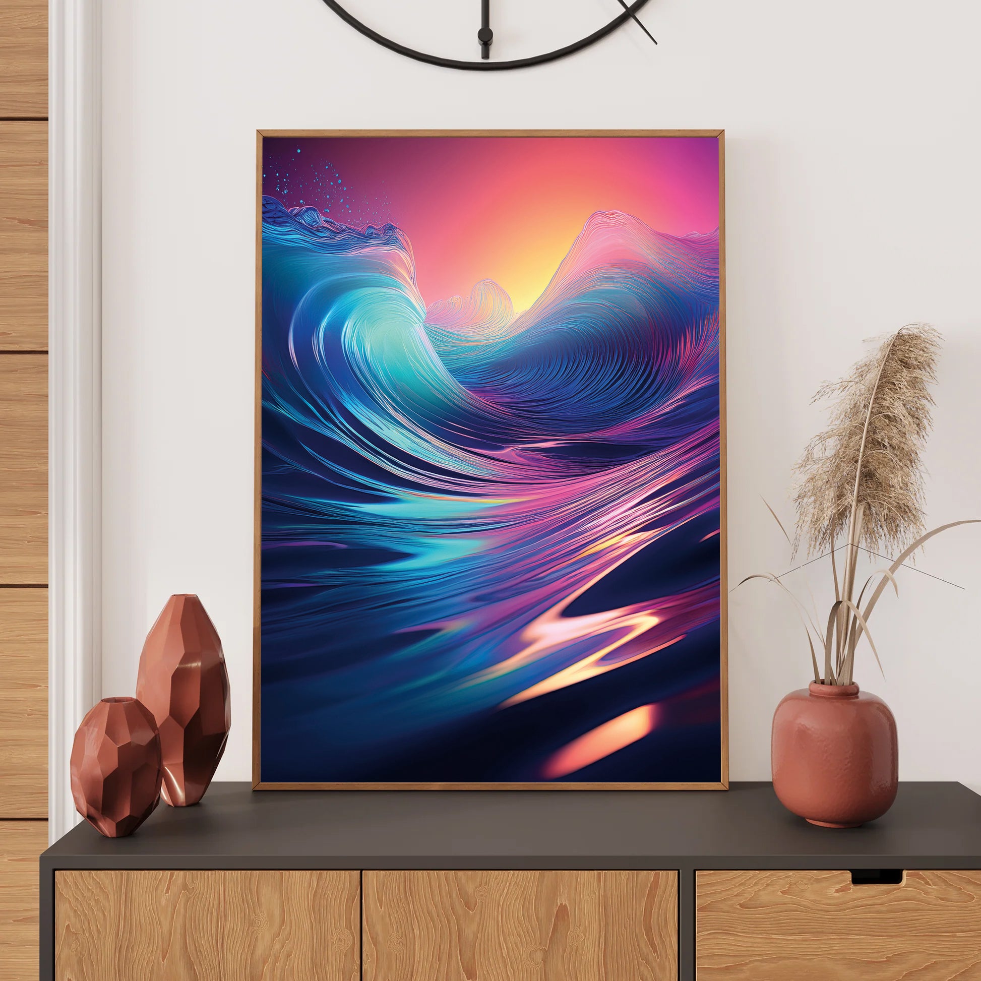 Colorful abstract art print on a wall above a wooden cabinet with decorative items.
