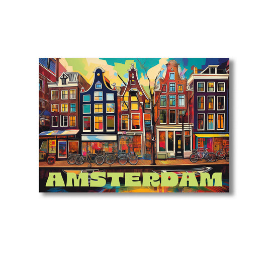 Colourful digital graffiti-style wall art print of Amsterdam’s iconic canal houses and bicycles at sunset, featuring vibrant street scene with Dutch architecture, available for instant digital download — perfect for home decor, travel-inspired prints, or European cityscape artwork.