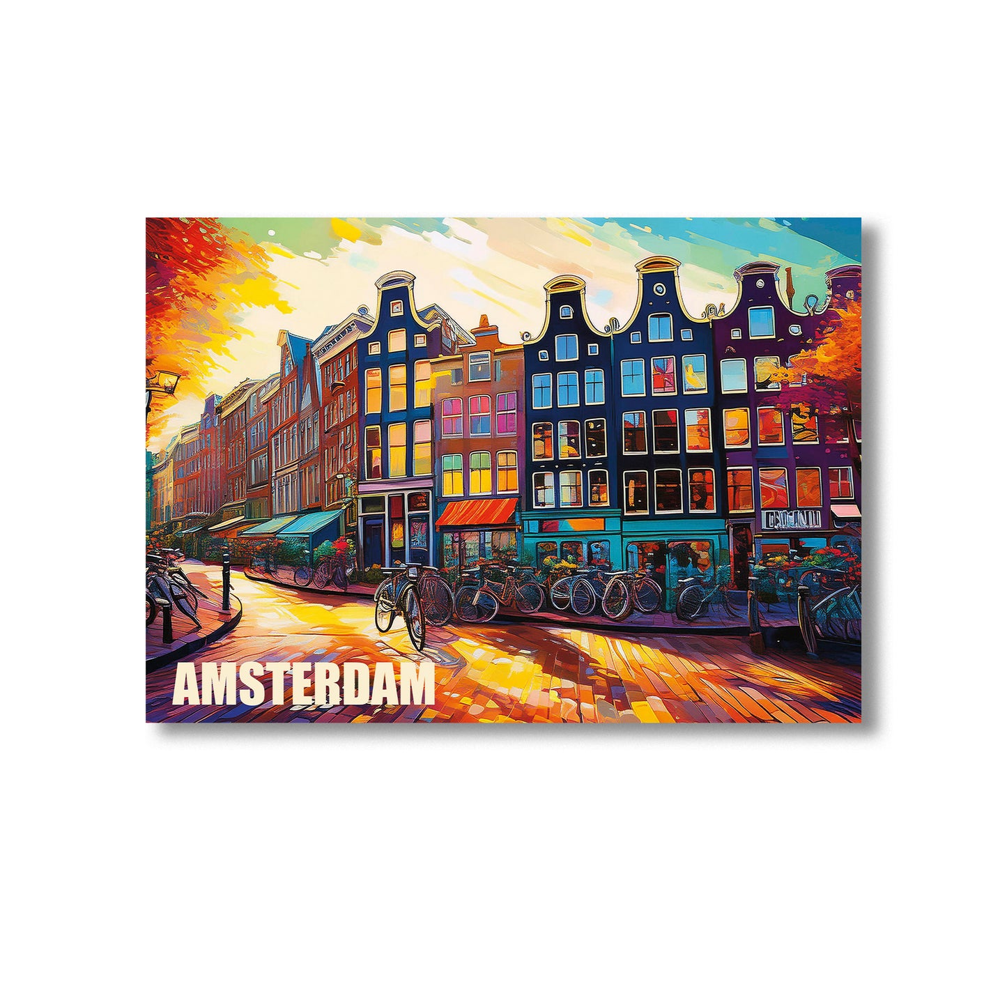 Colourful digital graffiti-style wall art print of Amsterdam’s iconic canal houses and bicycles at sunset, featuring vibrant street scene with Dutch architecture, available for instant digital download — perfect for home decor, travel-inspired prints, or European cityscape artwork.