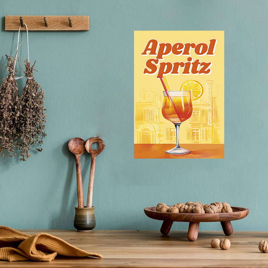 Aperol Spritz cocktail wall art print featuring a vibrant orange drink in a glass with sparkling bubbles and an orange slice, perfect for bar and kitchen decor digital download