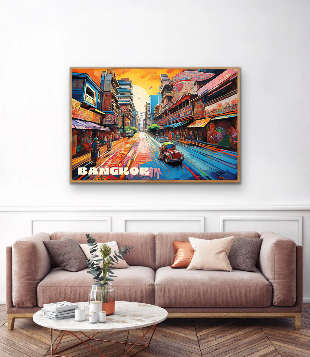 Urban graffiti-style Bangkok wall art print featuring a colorful street scene with tuk-tuks, market vendors, and vibrant Thai architecture — digital download perfect for modern travel decor, Southeast Asia artwork, or cityscape home prints.