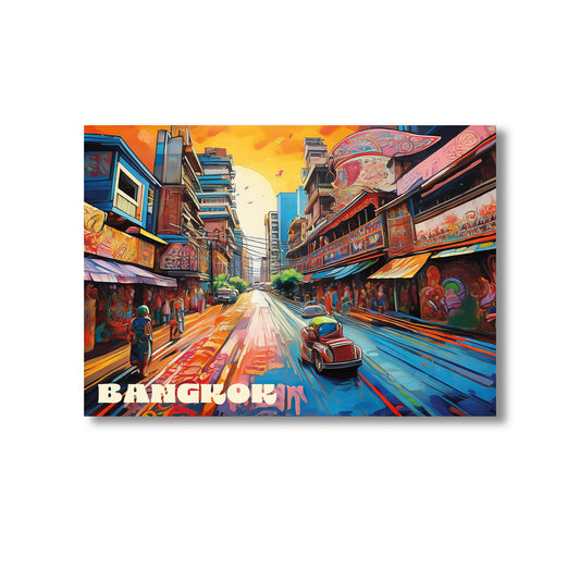 Urban graffiti-style Bangkok wall art print featuring a colorful street scene with tuk-tuks, market vendors, and vibrant Thai architecture — digital download perfect for modern travel decor, Southeast Asia artwork, or cityscape home prints.