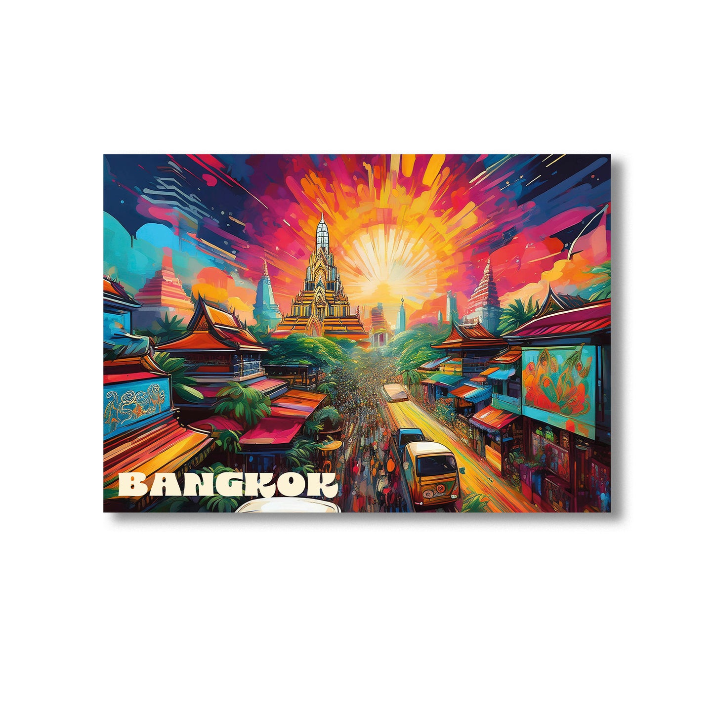 Vibrant digital graffiti-style wall art print of Bangkok cityscape featuring Wat Arun temple at sunset, bustling Thai street market, tuk-tuks, and traditional rooftops — ideal for instant digital download, travel-themed decor, or Southeast Asian artwork for home or office.
