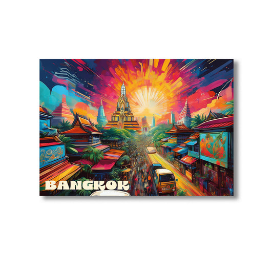 Vibrant digital graffiti-style wall art print of Bangkok cityscape featuring Wat Arun temple at sunset, bustling Thai street market, tuk-tuks, and traditional rooftops — ideal for instant digital download, travel-themed decor, or Southeast Asian artwork for home or office.