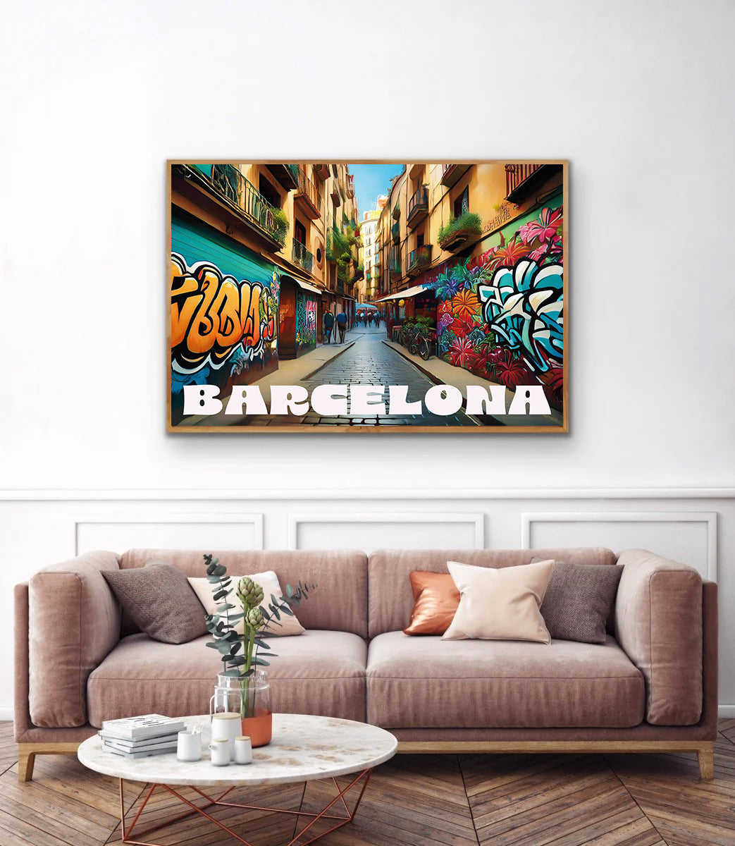 Colorful digital graffiti-style wall art print of Barcelona cityscape featuring iconic Spanish architecture, bustling streets, and vibrant urban energy — perfect for instant digital download, modern home decor, travel-inspired prints, or European street art lovers.