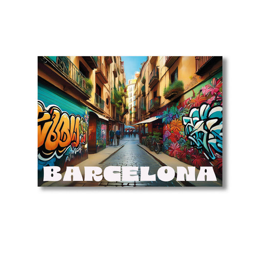 Colorful digital graffiti-style wall art print of Barcelona cityscape featuring iconic Spanish architecture, bustling streets, and vibrant urban energy — perfect for instant digital download, modern home decor, travel-inspired prints, or European street art lovers.