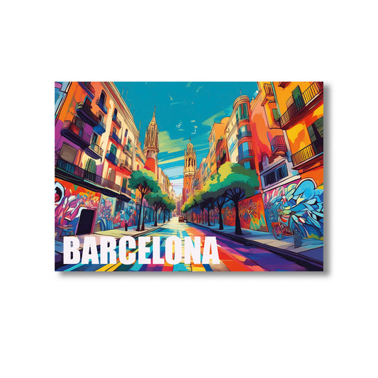 Colorful illustration of a street scene in Barcelona with vibrant buildings and street art.