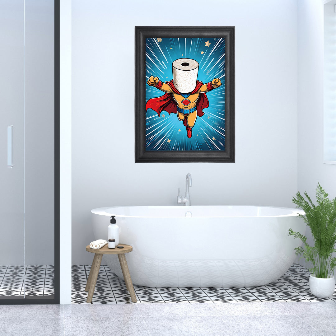 Toilet paper superhero wall art print – funny digital download for bathroom decor