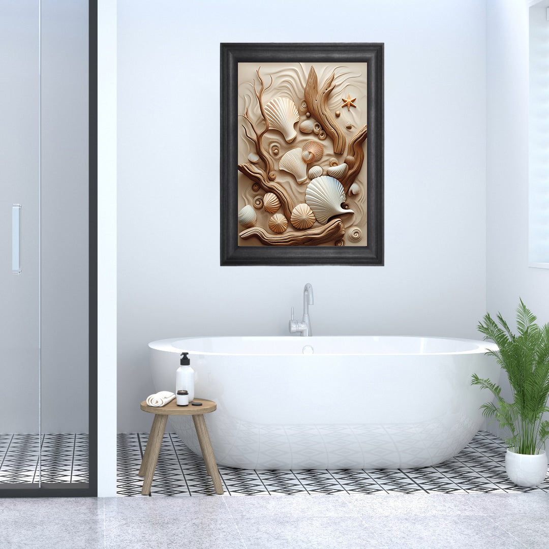 Driftwood and seashell collage wall art print – coastal digital download for bathroom decor