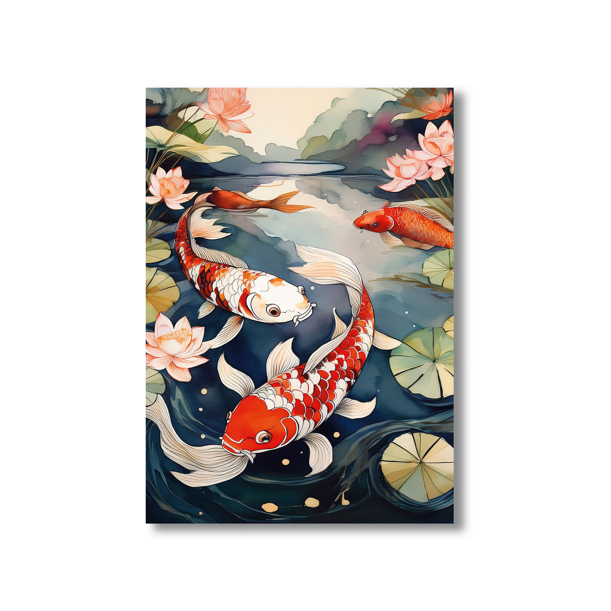 Koi fish pond watercolor wall art print – zen digital download for bathroom decor