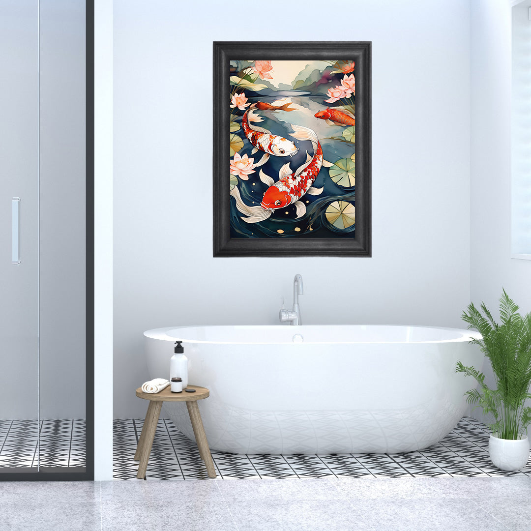 Koi fish pond watercolor wall art print – zen digital download for bathroom decor