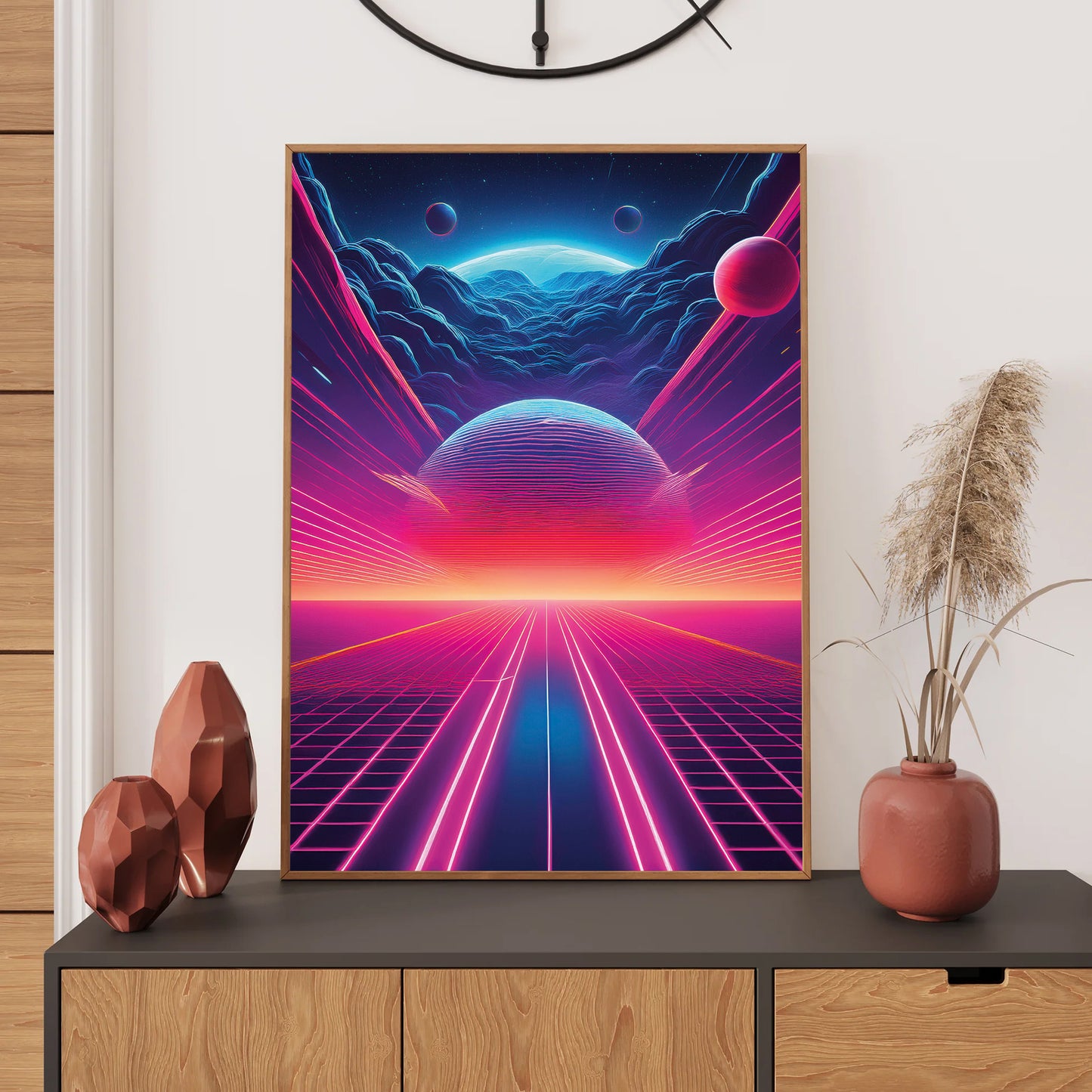 Neon pathway across an ocean leading to a glowing full moon under a vibrant retro-futuristic night sky.