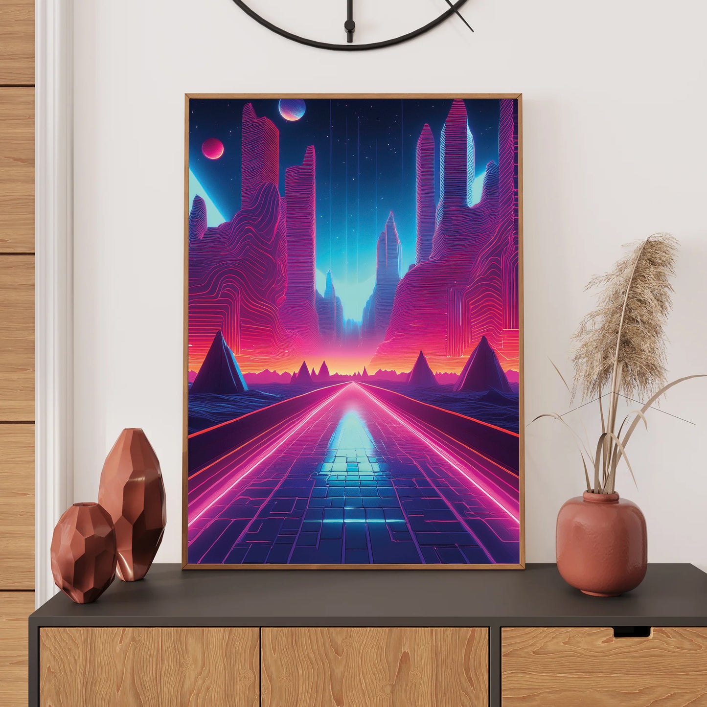 Neon pathway winding through mountains toward a glowing sunset in vibrant retro-futuristic synthwave colors.