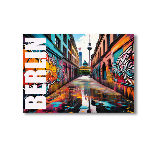 Colorful street scene with graffiti and the word 'BERLIN' on a white background