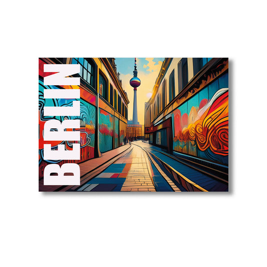 Colorful street scene with 'BERLIN' text and the TV tower in the background