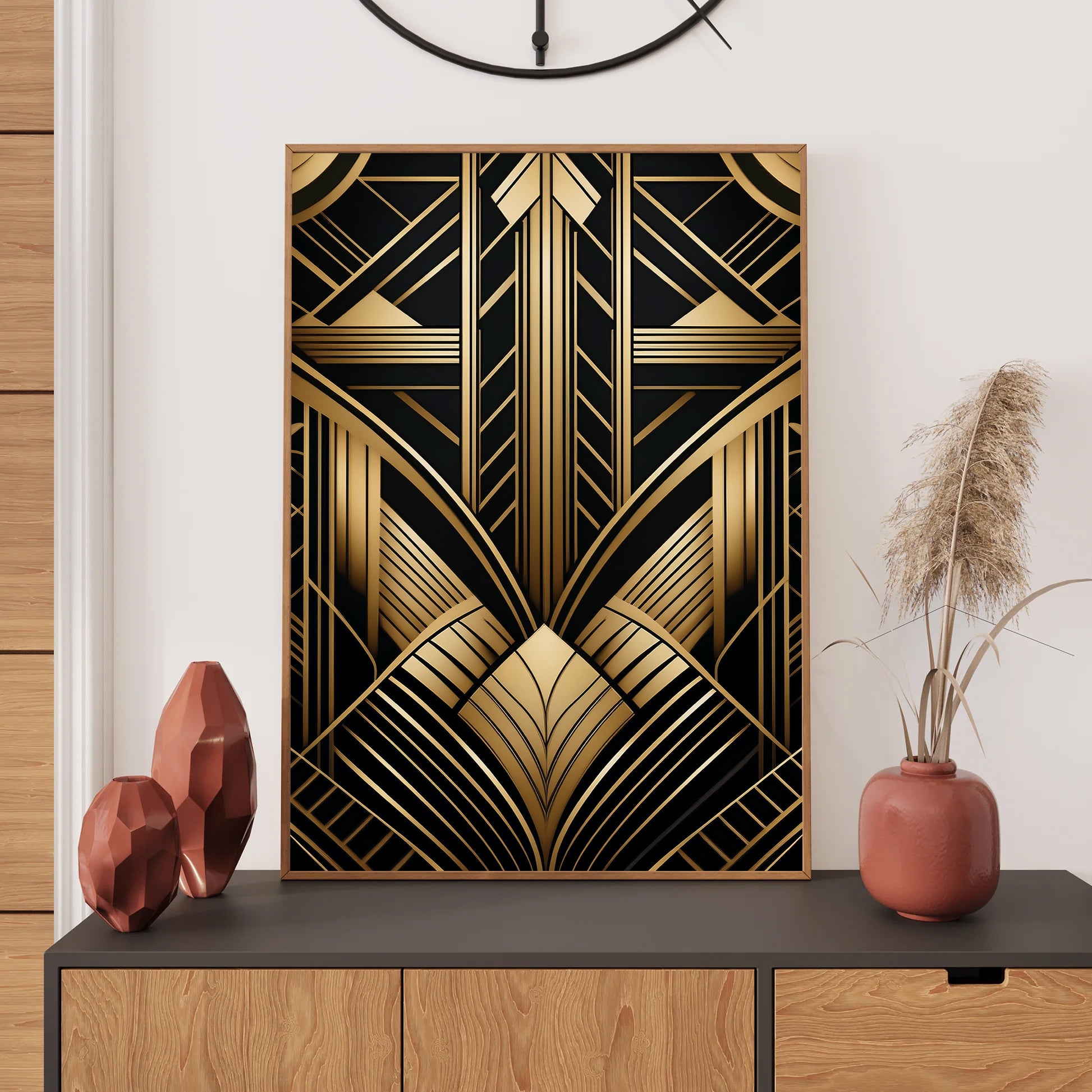 Decorative art piece with geometric design on a wall above a console table.