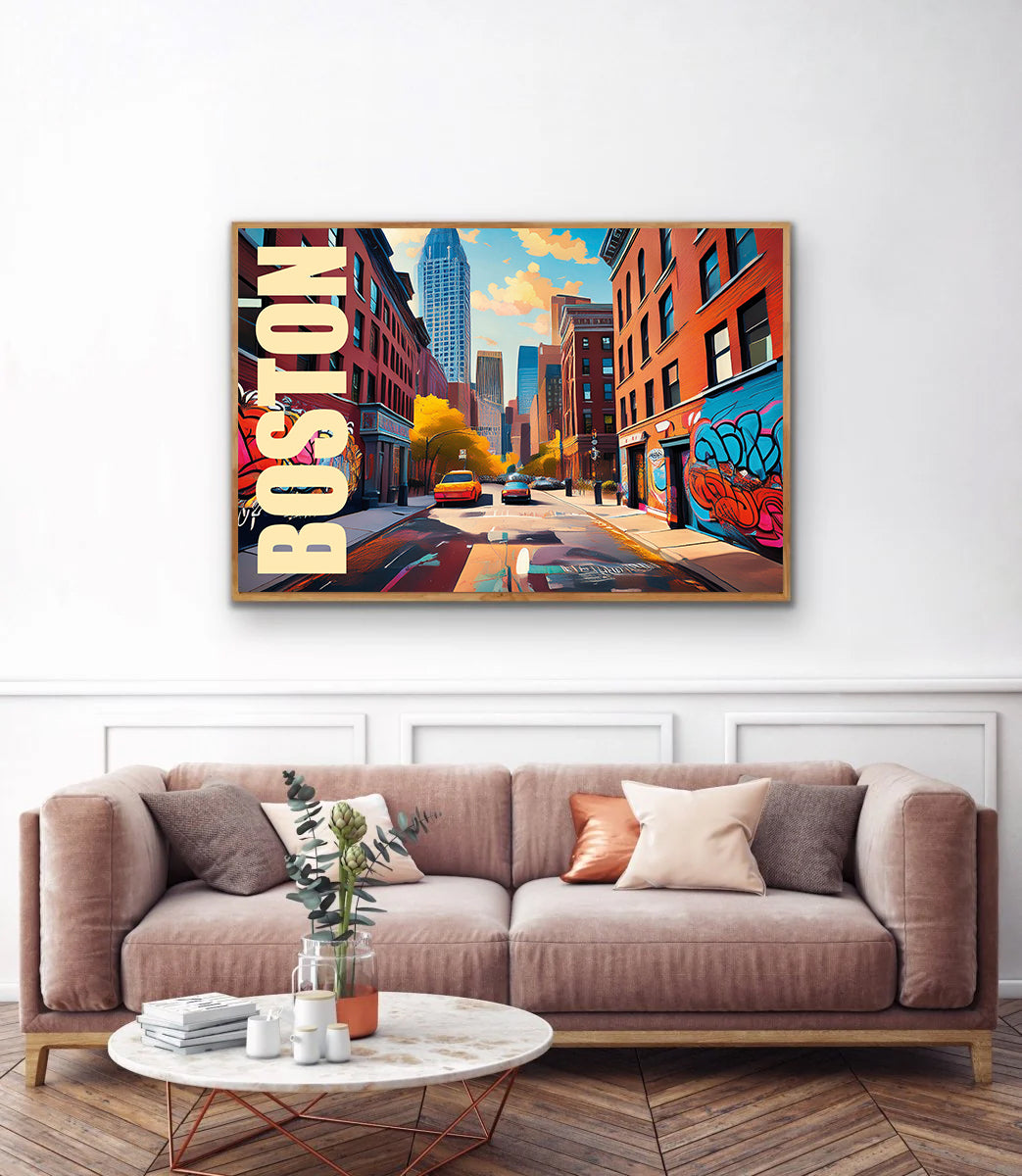 Vibrant digital graffiti-style wall art print of Boston cityscape featuring iconic skyline, historic architecture, and urban street art vibes — ideal for digital download, Boston-themed home decor, modern city prints, or travel wall art collectors.