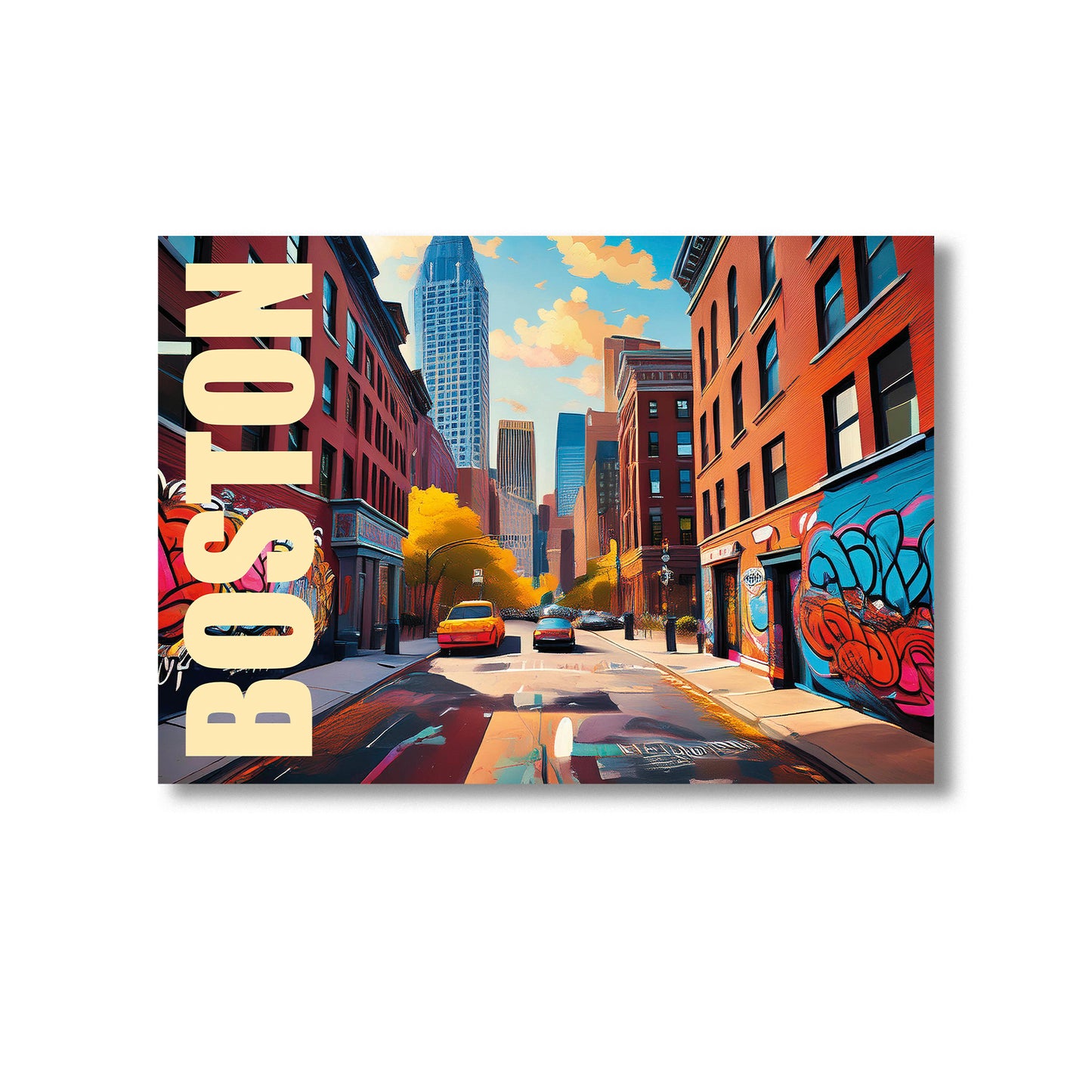 Vibrant digital graffiti-style wall art print of Boston cityscape featuring iconic skyline, historic architecture, and urban street art vibes — ideal for digital download, Boston-themed home decor, modern city prints, or travel wall art collectors.