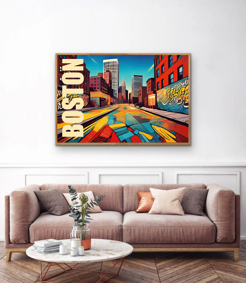 Colorful 'Boston' cityscape painting above a sofa in a living room.