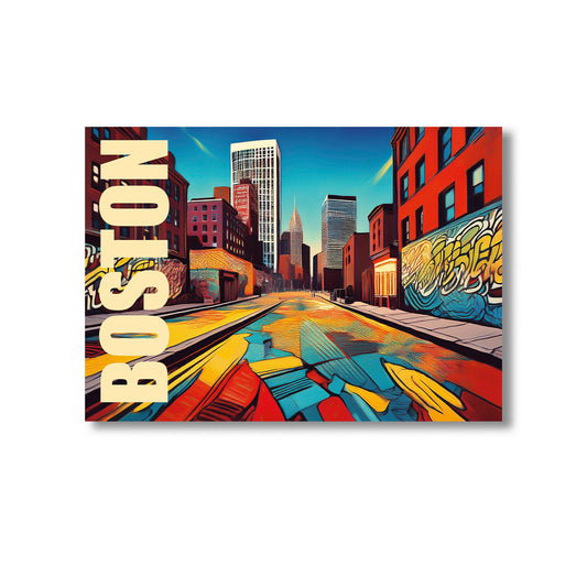 Colorful cityscape with 'Boston' text and street art on a white background