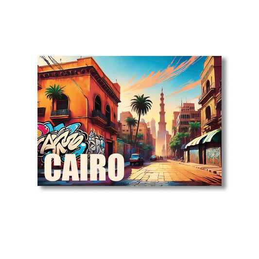 Bold digital graffiti-style wall art print of Cairo featuring the Great Pyramids, ancient Egyptian architecture, desert skyline, and vibrant Middle Eastern street scene — perfect for digital download, Egypt-themed home decor, travel art, or modern urban wall prints.