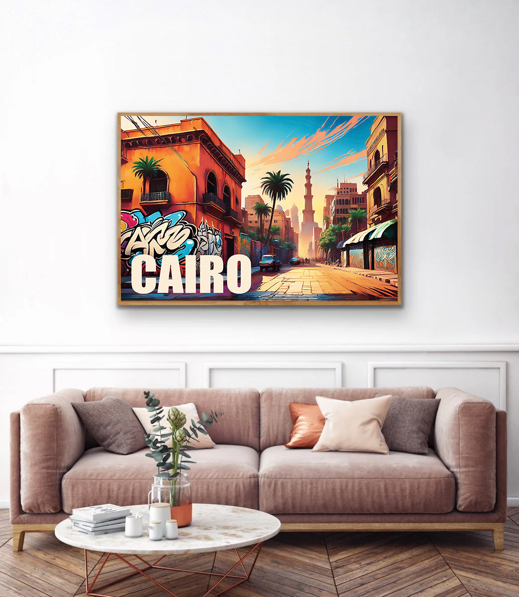 Bold digital graffiti-style wall art print of Cairo featuring the Great Pyramids, ancient Egyptian architecture, desert skyline, and vibrant Middle Eastern street scene — perfect for digital download, Egypt-themed home decor, travel art, or modern urban wall prints.