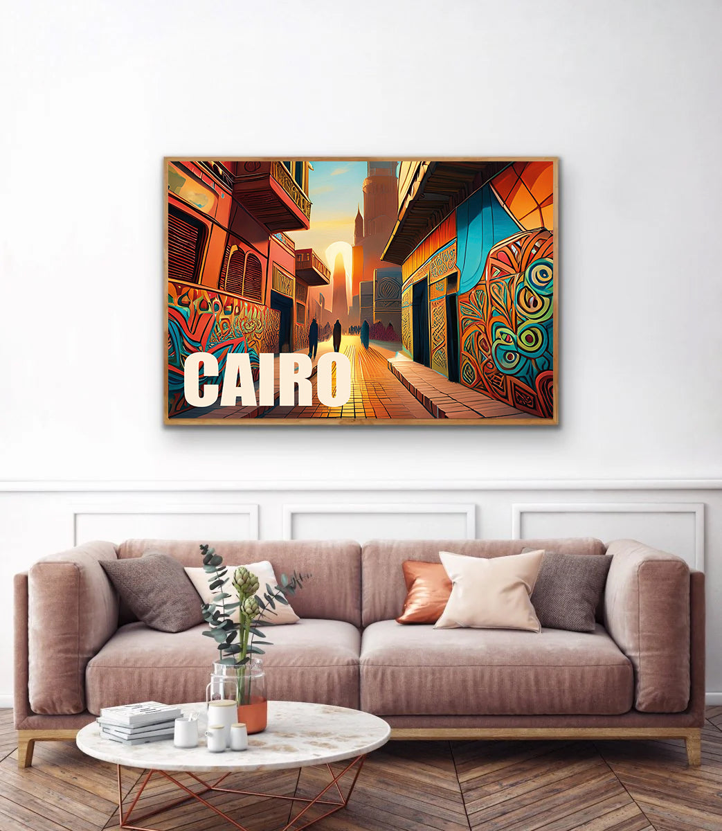 Bold digital graffiti-style wall art print of Cairo featuring the Great Pyramids, ancient Egyptian architecture, desert skyline, and vibrant Middle Eastern street scene — perfect for digital download, Egypt-themed home decor, travel art, or modern urban wall prints.