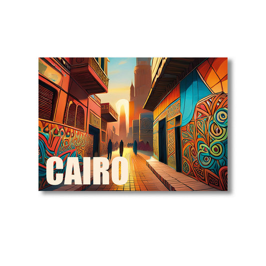 Bold digital graffiti-style wall art print of Cairo featuring the Great Pyramids, ancient Egyptian architecture, desert skyline, and vibrant Middle Eastern street scene — perfect for digital download, Egypt-themed home decor, travel art, or modern urban wall prints.
