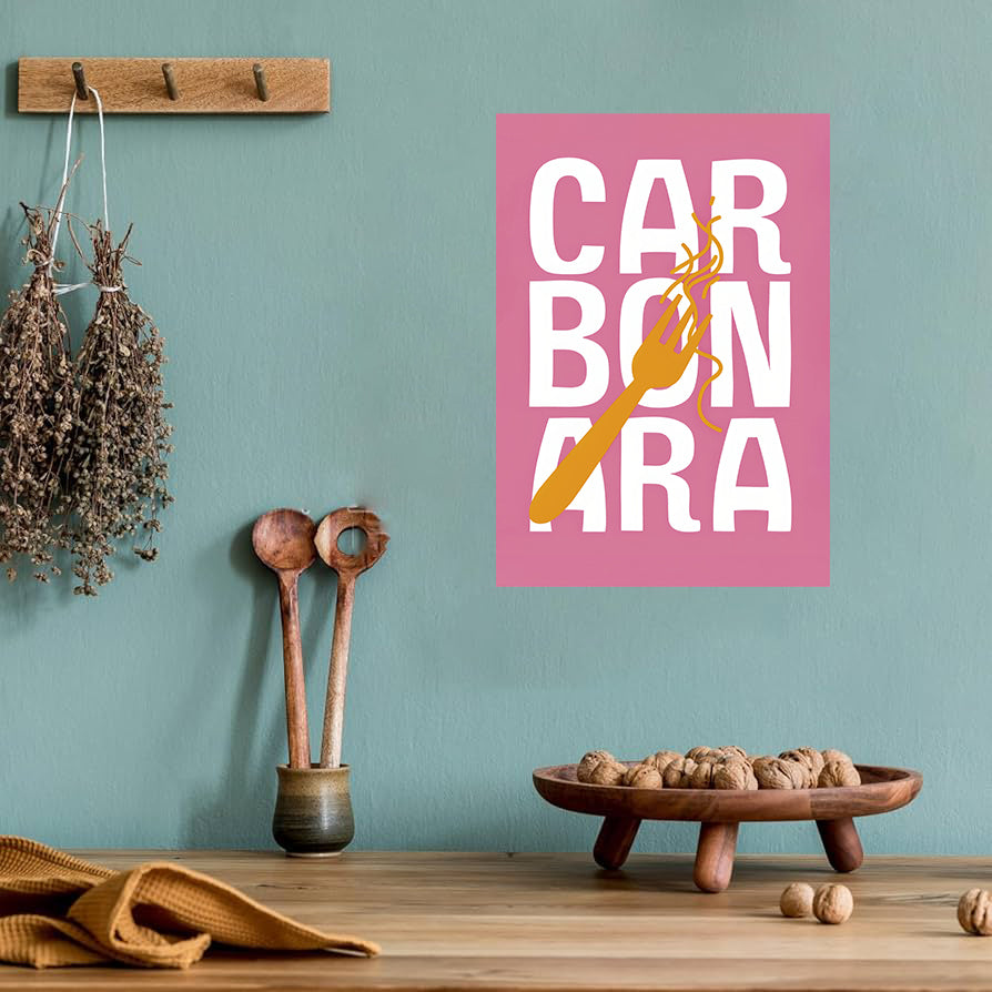 Carbonara pasta wall art print featuring a creamy plate of spaghetti carbonara with crispy pancetta and parsley, perfect for kitchen and dining room decor digital download
